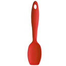 Red silicone spatula spoon with a small flexible head, ergonomic handle and hanging loop, ideal for stirring, mixing and scraping.