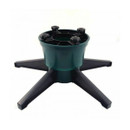 A green Christmas tree stand with black legs on a white background.