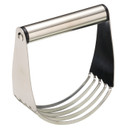 Stainless steel pastry blender with curved cutting blades and a comfortable rounded handle, ideal for blending butter into flour.