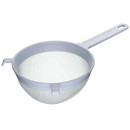 Light grey plastic kitchen sieve with a round, deep fine-mesh bowl, long handle featuring a hanging hole and a small resting hook on the opposite side, displayed against a white background.