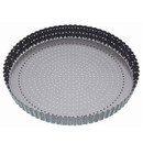 Round perforated tart tin with fluted sides and removable base, designed for even baking of tarts, quiches and pastry cases.