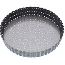 Round perforated tart tin with fluted sides and removable base, designed for even baking of tarts, quiches and pastry cases.