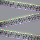 Multi-colour LED cluster Christmas tree lights with green cable, featuring red, blue, green and warm white LEDs arranged along a dense string for indoor and outdoor festive displays.