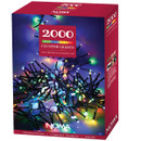 NOMA 2000 multi-colour LED cluster lights packaging featuring dense Christmas tree lights with red, blue, green and warm white LEDs, multifunction timer, green cable, and indoor or outdoor use.