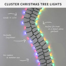 Promotional graphic showing multi-colour cluster Christmas tree lights with Grade A LEDs, EasyTimer function, and suitability for indoor and outdoor use on trees or garlands.