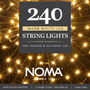 NOMA 240 warm white LED string lights for indoor and outdoor use, featuring a timer function, green cable and 17.92m illuminated length.