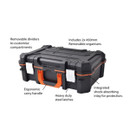Black tool case with orange handle and white steel latches. Labels highlight features: removable dividers, organizers, shock-absorbing inlay, ergonomic design.