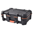 Black hard plastic toolbox with orange accents and silver latches, featuring a sturdy handle. The design conveys durability and functionality.