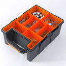 A black and orange tool organizer box with a handle, featuring several compartments filled with various screws, metal clamps, and small hardware items.