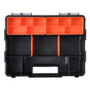 Black plastic organizer box with orange interior compartments. Eight small sections on top, two larger divided areas below. Sturdy and functional design.