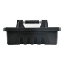 A black plastic toolbox is shown with a sturdy aluminium handle, designed for durability. The toolbox has a robust, professional appearance.