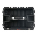 Black plastic toolbox tray with multiple compartments and a central silver handle. The design is rugged and functional with a durable look.