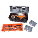 A black and orange toolbox contains a hand saw, tape measure, and various tools. An orange tray with pliers and a wrench lies beside it, with two clear tool cases nearby.