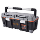 Sturdy black and grey toolbox with a large handle. Features orange accents and transparent lids. Designed for organized, portable tool storage.
