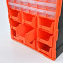 Orange modular storage unit with open bins and clear sliding drawers, designed for organizing small items. Bright, functional, and neatly arranged.