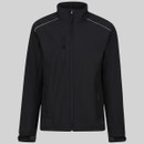 Front view of men’s black softshell jacket with full-length zipper, high collar, zippered chest and side pockets, and lightweight weather-resistant construction for workwear and activewear