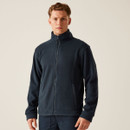 Front view of men’s dark navy fleece jacket with full zip, high collar, and side pockets, designed for warmth, comfort, and everyday casual wear