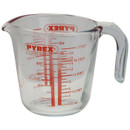 Pyrex Classic 0.5 litre clear glass measuring jug with handle, pouring spout and red metric and imperial measurement markings.