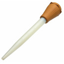 Plastic turkey baster with a long, tapered, translucent white tube and an orange rubber squeeze bulb, displayed diagonally against a white background.