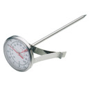 Milk frothing thermometer with stainless steel probe, easy-read temperature dial and pan clip, ideal for monitoring milk temperature.