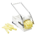 KitchenCraft potato chipper in use with a peeled potato, showing the lever-operated cutter and freshly cut chips.