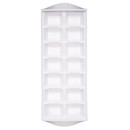 White plastic ice cube tray with a rectangular shape, multiple square compartments and a slightly curved top edge, displayed vertically against a white background.