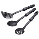 Three-piece black nylon kitchen utensil set featuring a slotted turner, serving spoon and slotted spoon with ergonomic handles.