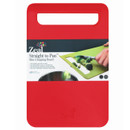 Zeal Straight to Pan medium red slim chopping board with integrated handle, designed for easy food preparation and transfer to pans.