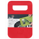 Zeal Straight to Pan red chopping board with integrated handle and flexible design for easy transfer of prepared ingredients.