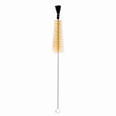 Long-handled bottle cleaning brush with flexible wire stem, looped end and tapered bristled head for cleaning bottles and narrow containers.