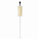 Long-handled bottle cleaning brush with flexible wire stem, looped end and cylindrical bristled head for cleaning bottles and narrow containers.