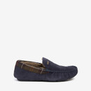 Side profile of Barbour Monty navy suede moccasin slippers with tartan heel detail
