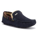 Men’s Barbour Monty Slippers in navy suede with tartan trim and faux-fur lining – angled view