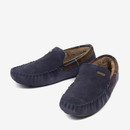 Top view of Barbour Monty navy suede slippers showing moccasin stitching and plush lining