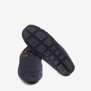 Sole view of Barbour Monty navy suede moccasin slippers with rubber grip outsole