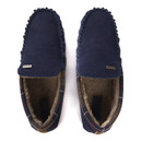 Top view of Barbour Monty men’s slippers in navy suede with tartan trim and faux-fur lining