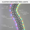 Product feature graphic for cluster Christmas tree lights, highlighting Grade A LEDs, Easytimer functionality, indoor and outdoor suitability, and dense light coverage for trees and garlands.