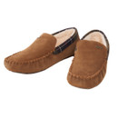 Barbour Monty camel suede slippers shown in a relaxed front-angled pose highlighting tartan trim.