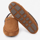 Barbour brown suede moccasin slippers showing the segmented rubber outsole, tartan trim and branded detailing.