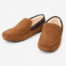Pair of Barbour brown suede moccasin slippers featuring hand-stitched detailing, tartan trim and cosy lining.