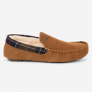 Side view of a Barbour brown suede moccasin slipper with tartan trim, faux fur lining and flexible sole.