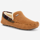 Barbour brown suede moccasin slipper with faux fur lining, tartan trim, stitched toe and branded metal badge.
