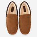 Top view of Barbour brown suede moccasin slippers showing the soft faux fur lining and classic tartan trim.