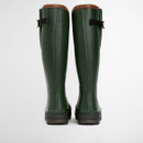 Rear view of green Barbour tall wellington boots showing adjustable calf straps and reinforced heel.