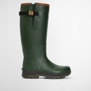 Side profile of a single green Barbour tall wellington boot with rugged sole and adjustable strap.