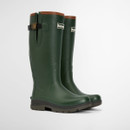 Studio image of green Barbour tall wellington boots with brown top trim, shown at a three-quarter angle.