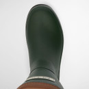 Top-down view of the toe of a green Barbour wellington boot, highlighting the smooth rounded toe shape and durable waterproof rubber material.