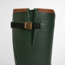 Rear view of green Barbour wellington boots, featuring the adjustable calf strap with branded metal buckle and smooth rubber construction.