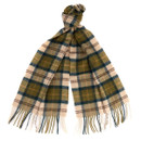 A plaid scarf featuring green, beige, and blue tones, neatly folded with knotted top and fringed ends. The fabric appears cosy and warm.