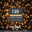 NOMA 120 antique white LED string lights for indoor and outdoor use, featuring warm vintage-style LEDs, multifunction lighting effects, Easytimer technology and a green cable.